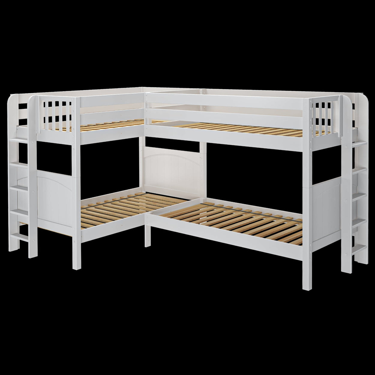 White wooden corner bunk bed frame with ladders, ideal for maximizing space in kids' bedrooms.