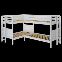 White wooden corner bunk bed frame with ladders, ideal for maximizing space in kids' bedrooms.