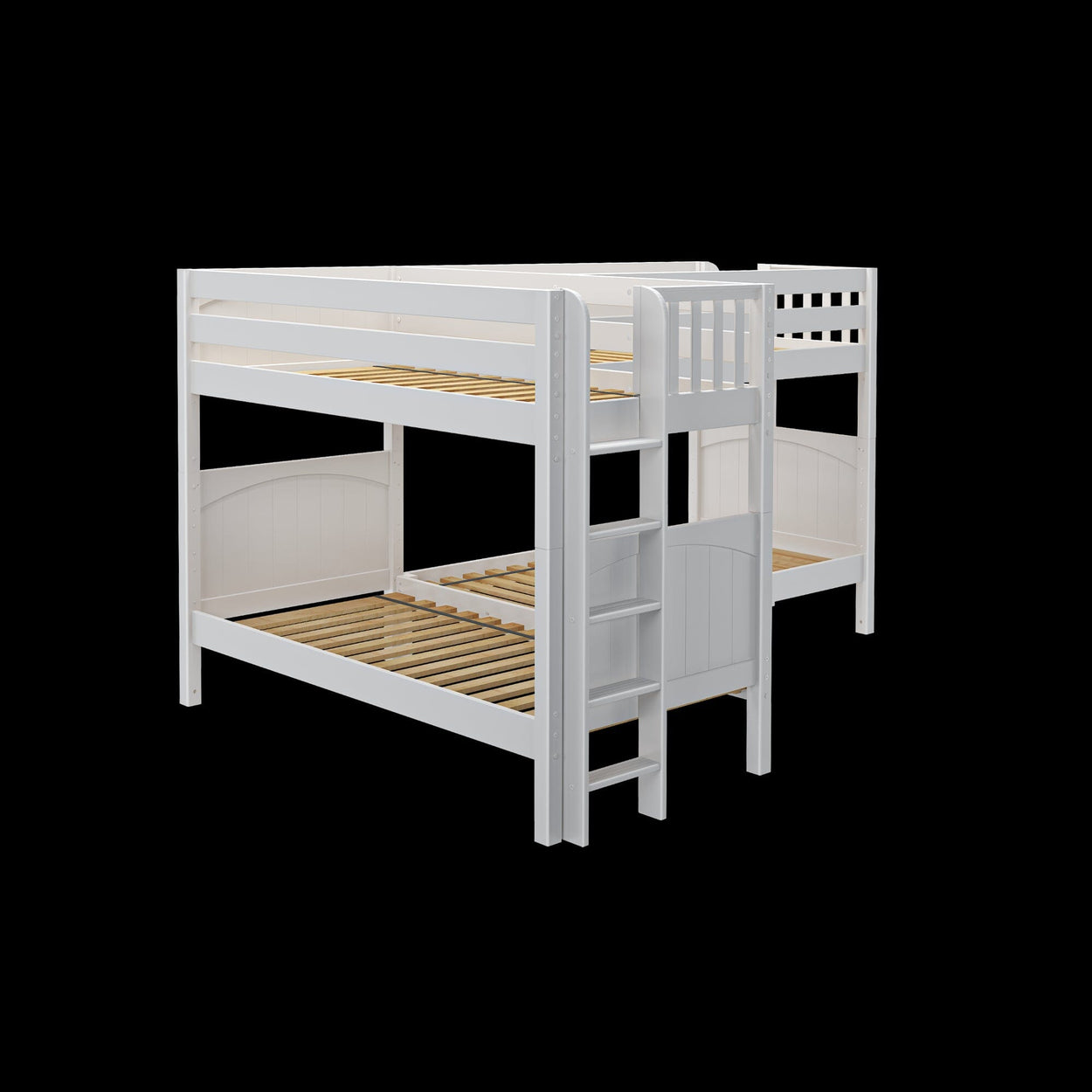 White wooden bunk bed with ladder, suitable for kids' bedroom furniture and space-saving solutions.