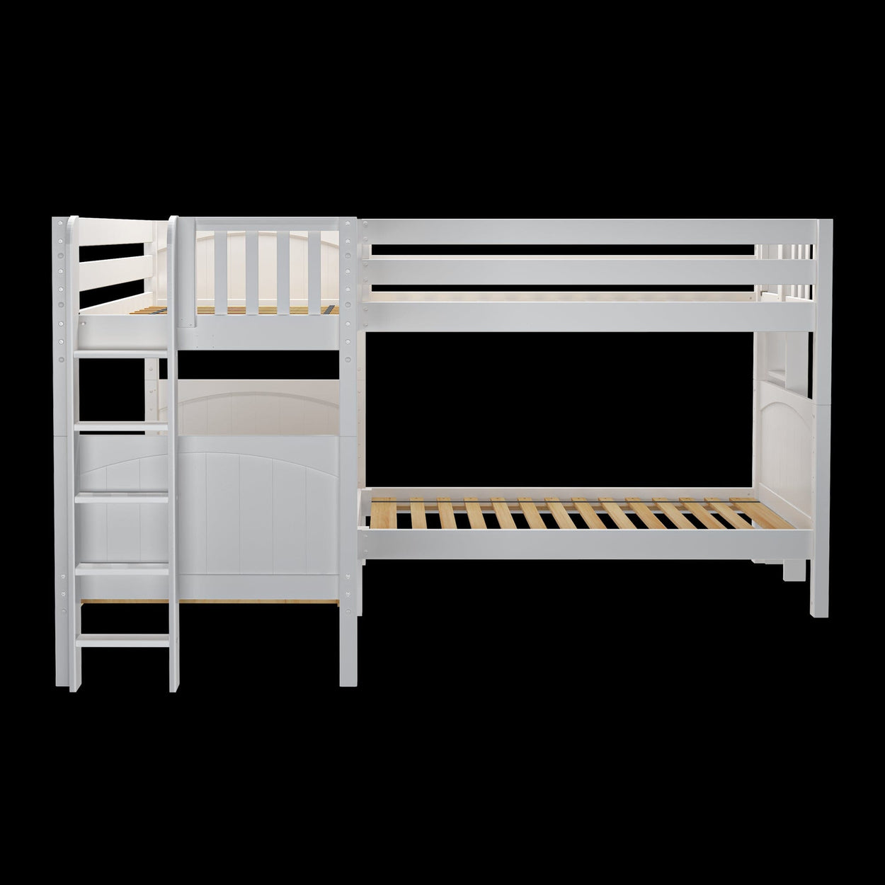 White wooden bunk bed with ladder and storage compartments, ideal for maximizing space in kids' bedrooms.