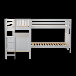 White wooden bunk bed with ladder and storage compartments, ideal for maximizing space in kids' bedrooms.