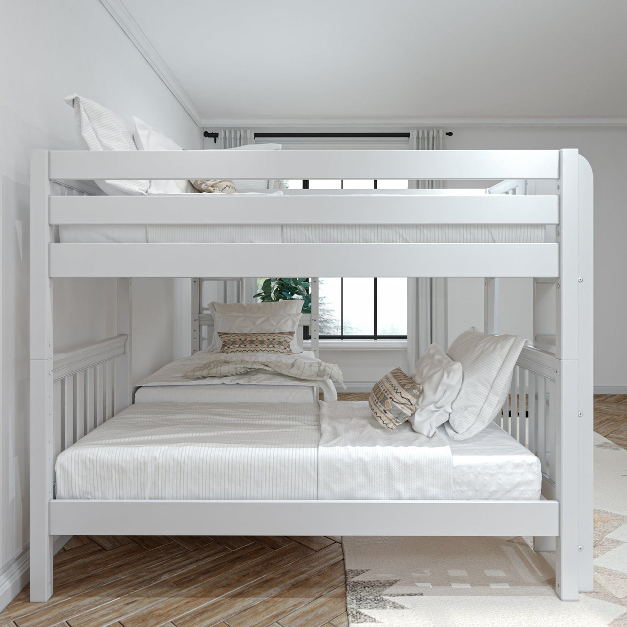White wooden bunk bed with cozy bedding in bright, modern bedroom.