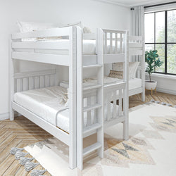 White wooden bunk bed with ladder in a bright, modern bedroom with large window and decorative rug.