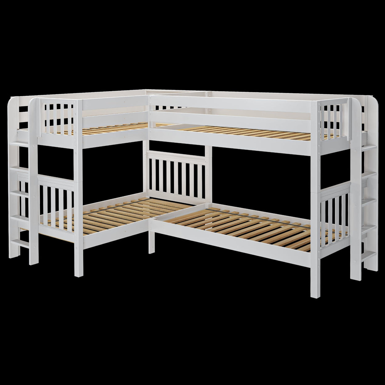 White triple bunk bed with L-shaped design, featuring slatted wood frames and integrated ladders for optimal space-saving in kids' bedrooms.