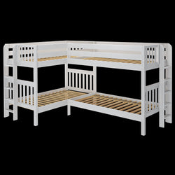 White triple bunk bed with L-shaped design, featuring slatted wood frames and integrated ladders for optimal space-saving in kids' bedrooms.