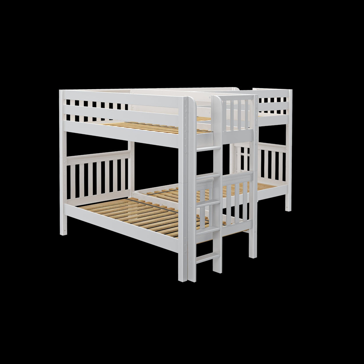White wooden bunk bed frame with ladder isolated on black background.