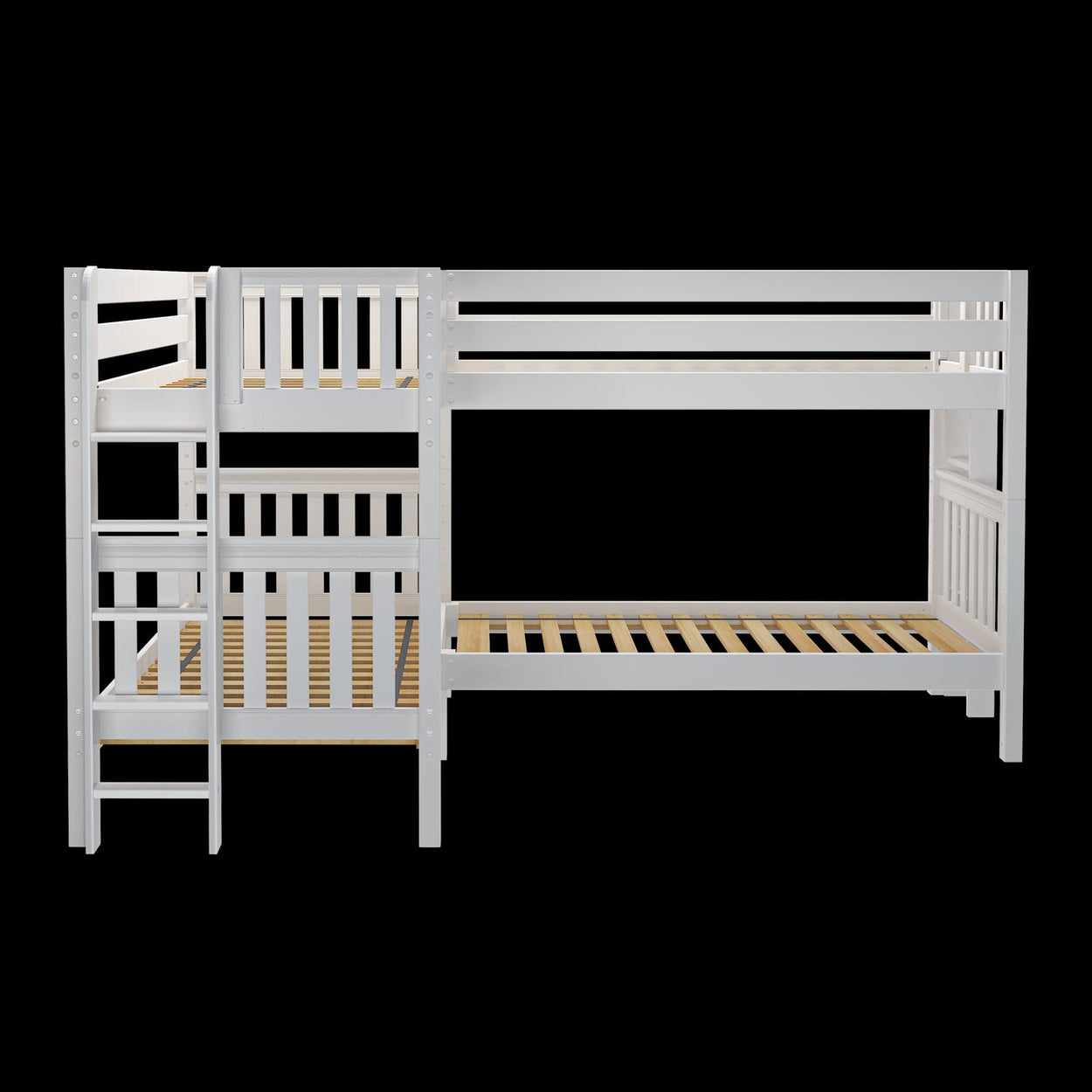 White wooden bunk bed with ladder and slatted design, perfect for maximizing bedroom space and providing stylish sleeping arrangements.
