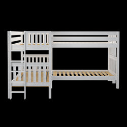 White wooden bunk bed with ladder and slatted design, perfect for maximizing bedroom space and providing stylish sleeping arrangements.