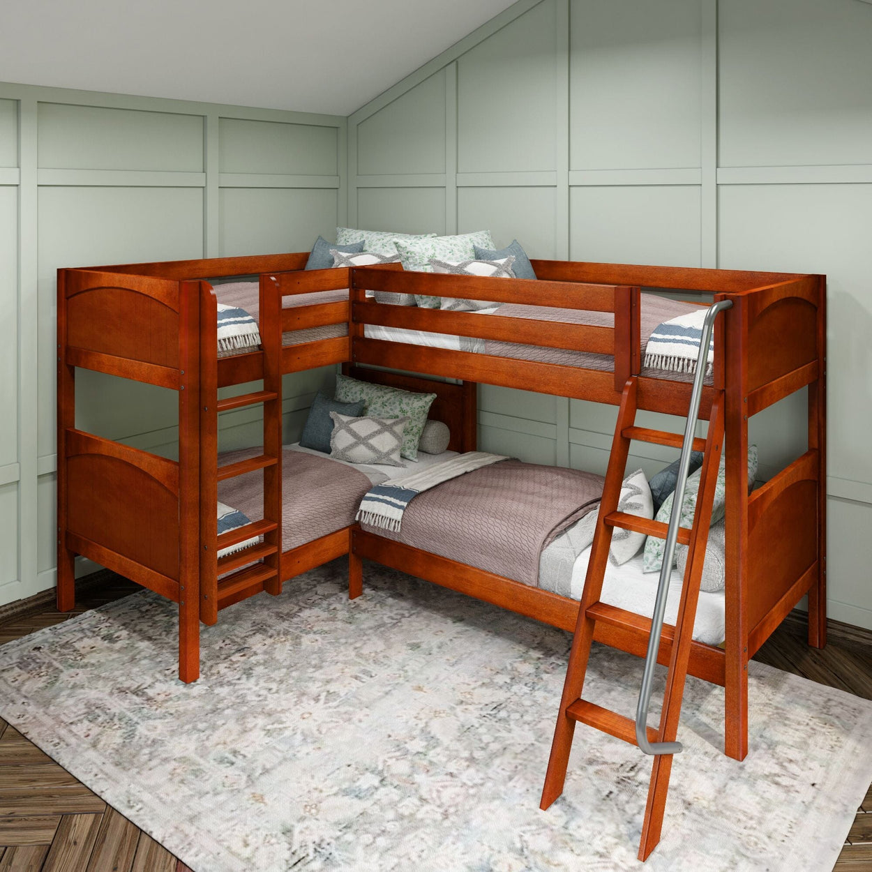Wooden corner bunk bed with ladders in a cozy bedroom setting, featuring soft bedding and decorative pillows.