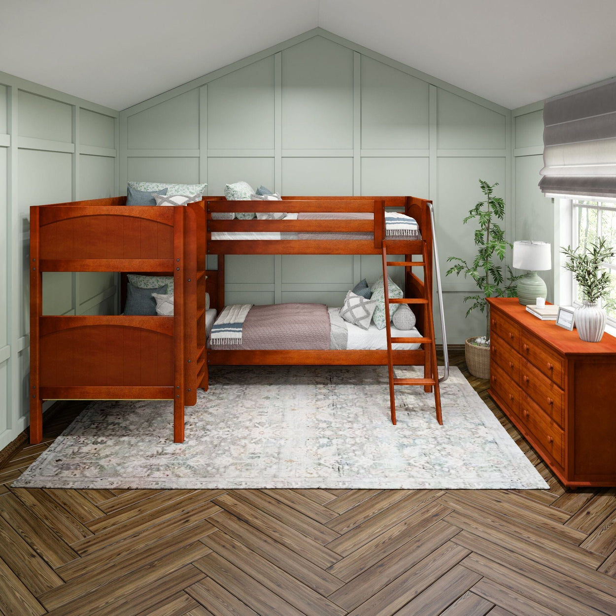 Stylish wooden bunk bed set in a cozy bedroom with green walls, elegant rug, and a wooden dresser for modern home decor.