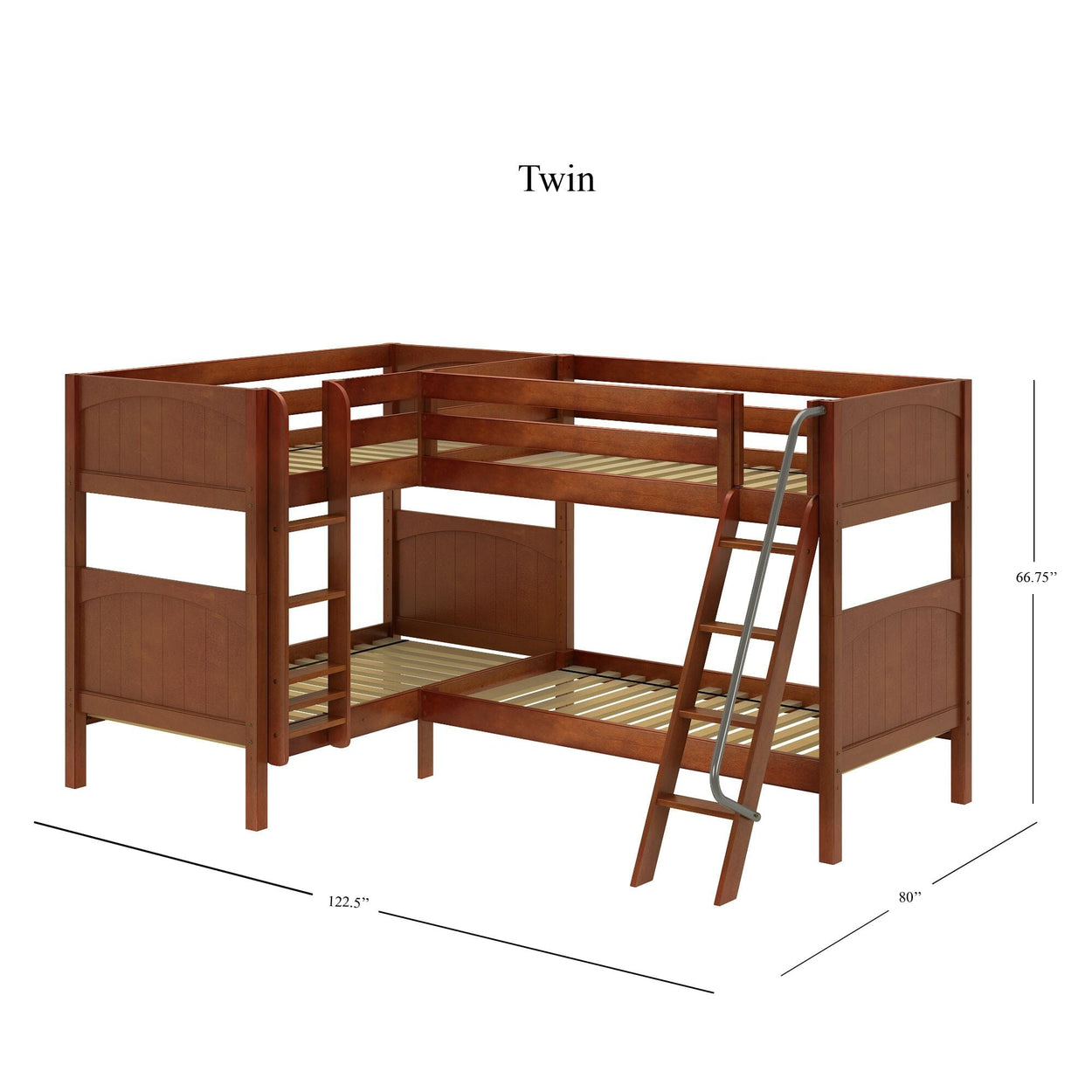 Twin L-shaped wooden bunk bed with ladder and safety rails, ideal for kids' room, measuring 122.5 inches by 80 inches by 66.75 inches.