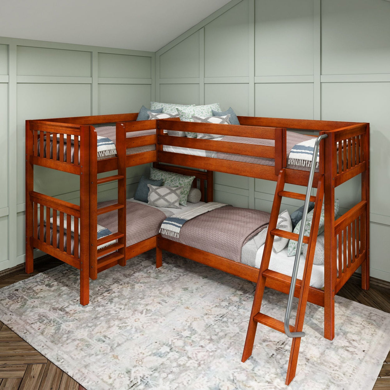 Wooden L-shaped bunk bed with bedding in a modern bedroom setting featuring a cozy rug, perfect for maximizing space in children's rooms.