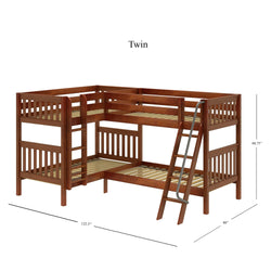 Wooden twin bunk bed with ladder, dimensions 122.5" x 80" x 66.75", space-saving furniture for shared bedrooms.