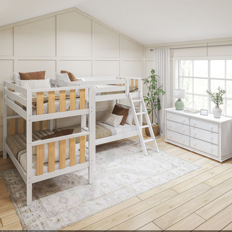 White wooden twin-over-twin bunk bed with ladder in bright modern farmhouse kids' bedroom with white dresser, large window, hardwood floors and area rug