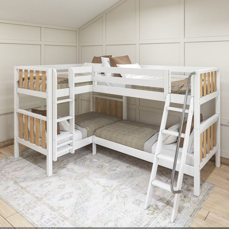 White L-shaped wooden bunk bed with ladder and twin mattresses, natural wood slats and neutral bedding in a modern children's bedroom