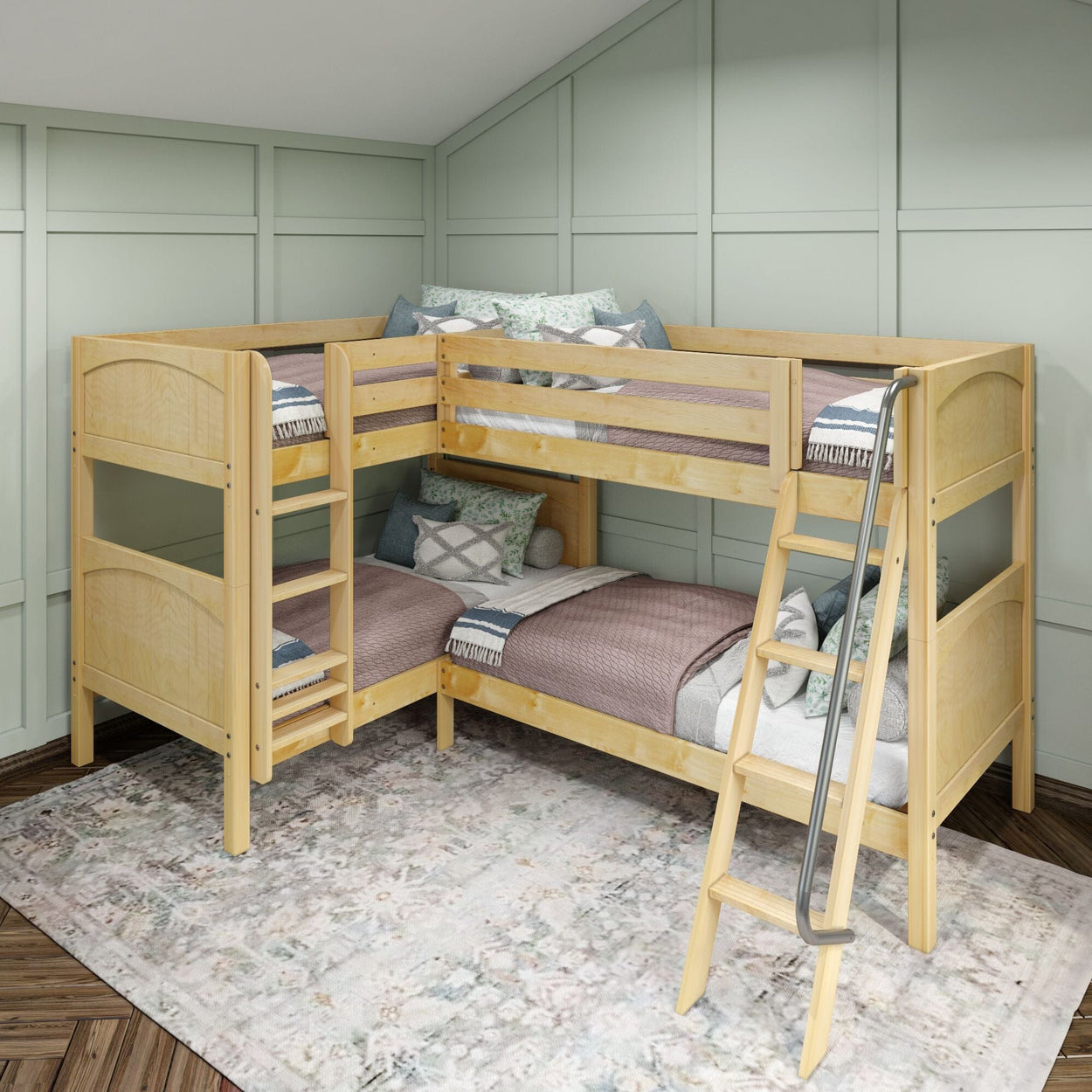 Stylish wooden L-shaped bunk bed with ladder in modern kids' bedroom.