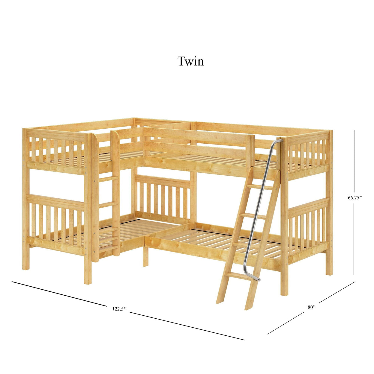 L-shaped wooden twin bunk bed with ladder, dimensions 122.5" x 80" x 66.75".