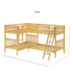 L-shaped wooden twin bunk bed with ladder, dimensions 122.5" x 80" x 66.75".