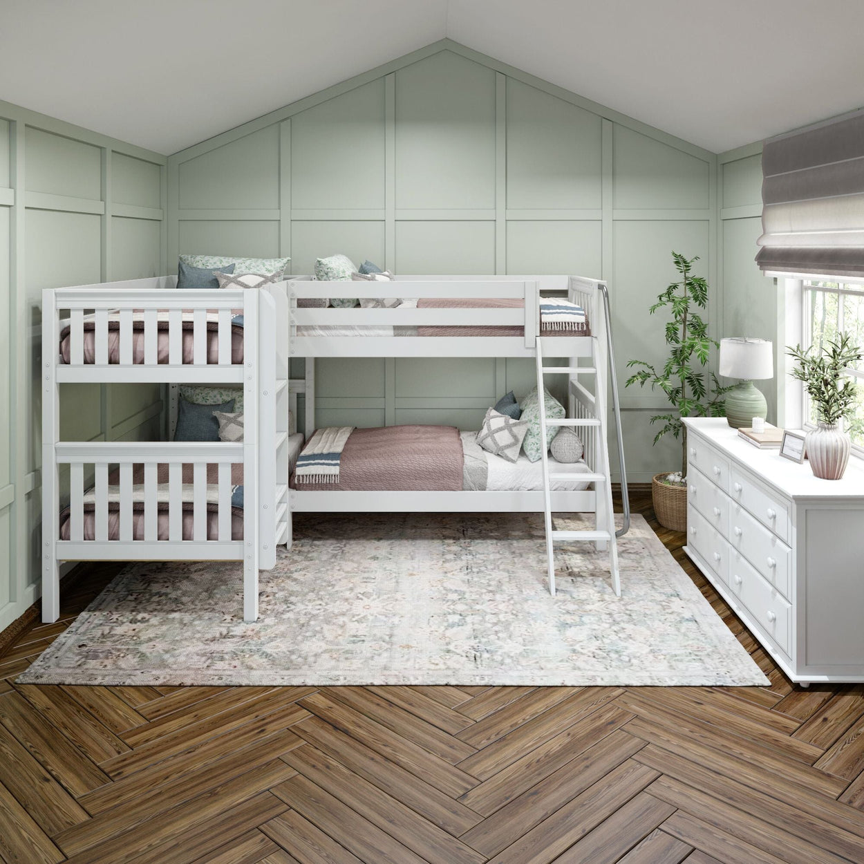 White bunk bed with ladder in a stylish light green room featuring wooden flooring and modern decor.