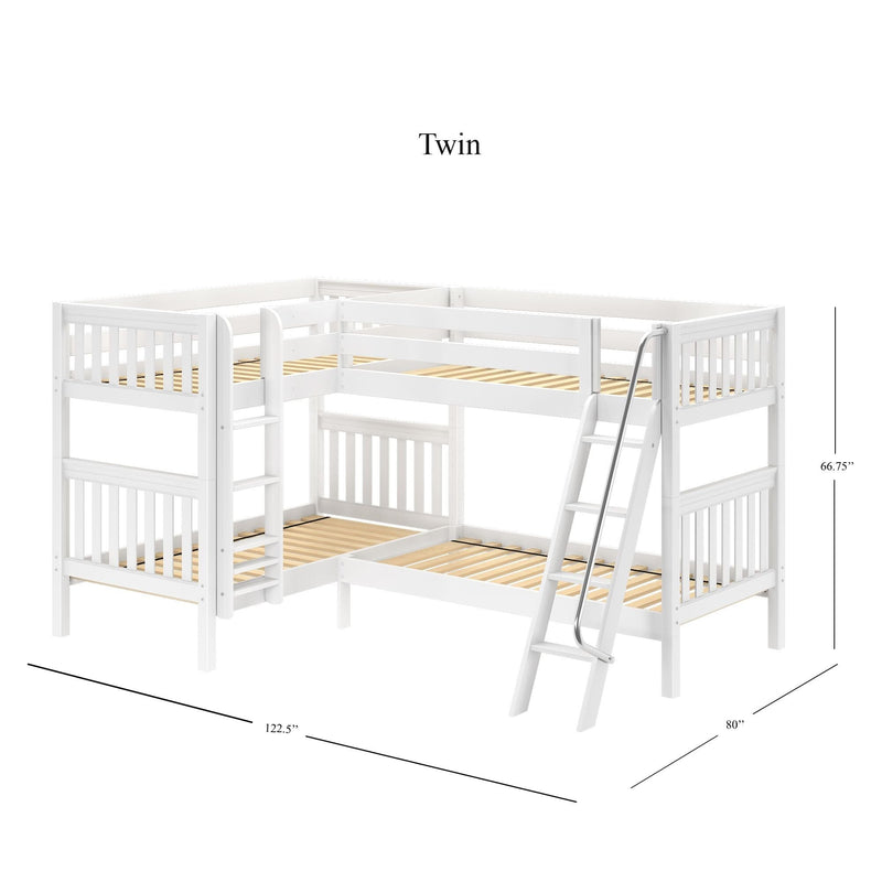White L-shaped twin-over-twin bunk bed with slatted wood frames, angled ladder, safety guardrails and corner design for kids' bedroom