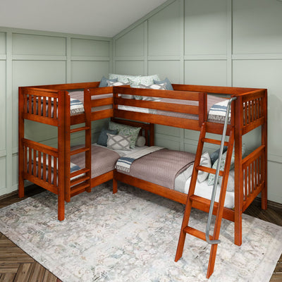 Wooden L-shaped bunk bed with ladder and gray bedding in a cozy bedroom setting.