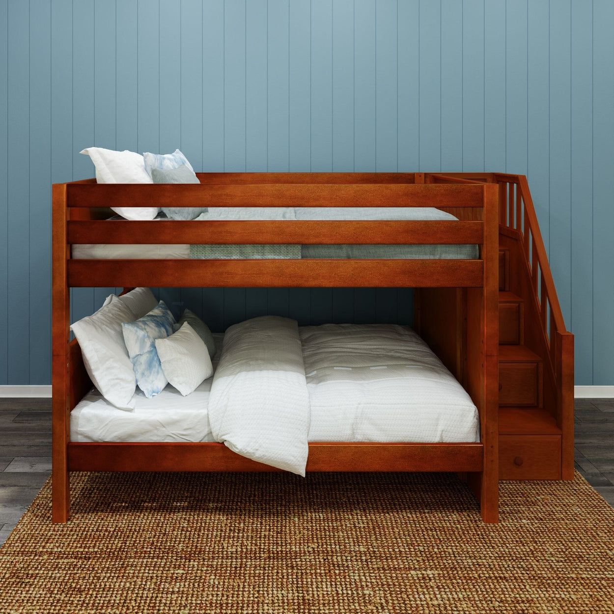 Wooden bunk bed with stairs in a cozy bedroom setting.