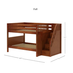 Full wooden bunk bed with stairs in rich brown finish, dimensions 100.75 x 57.5 x 61.5 inches, ideal for maximizing bedroom space.