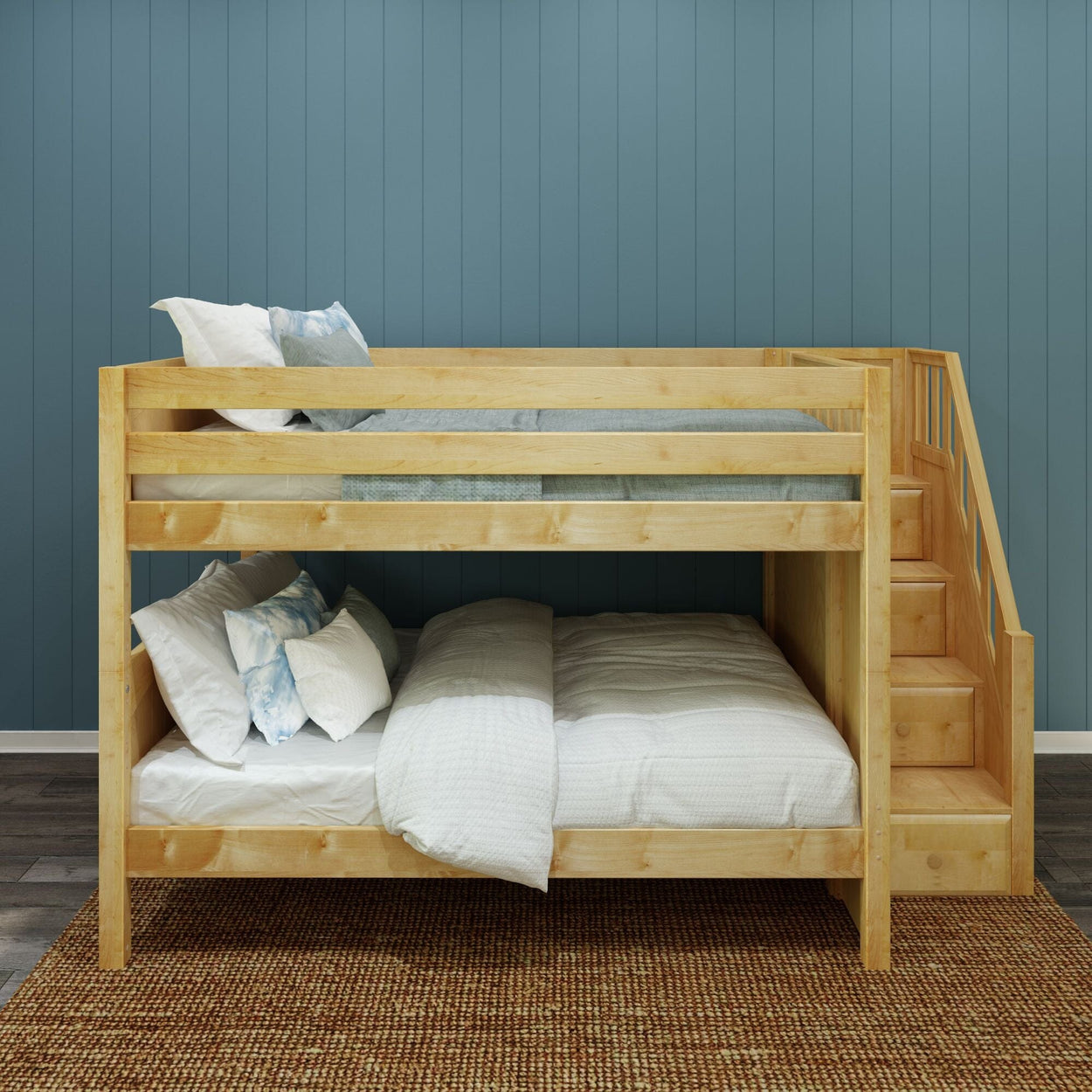 Wooden bunk bed with stairs in modern bedroom setting.