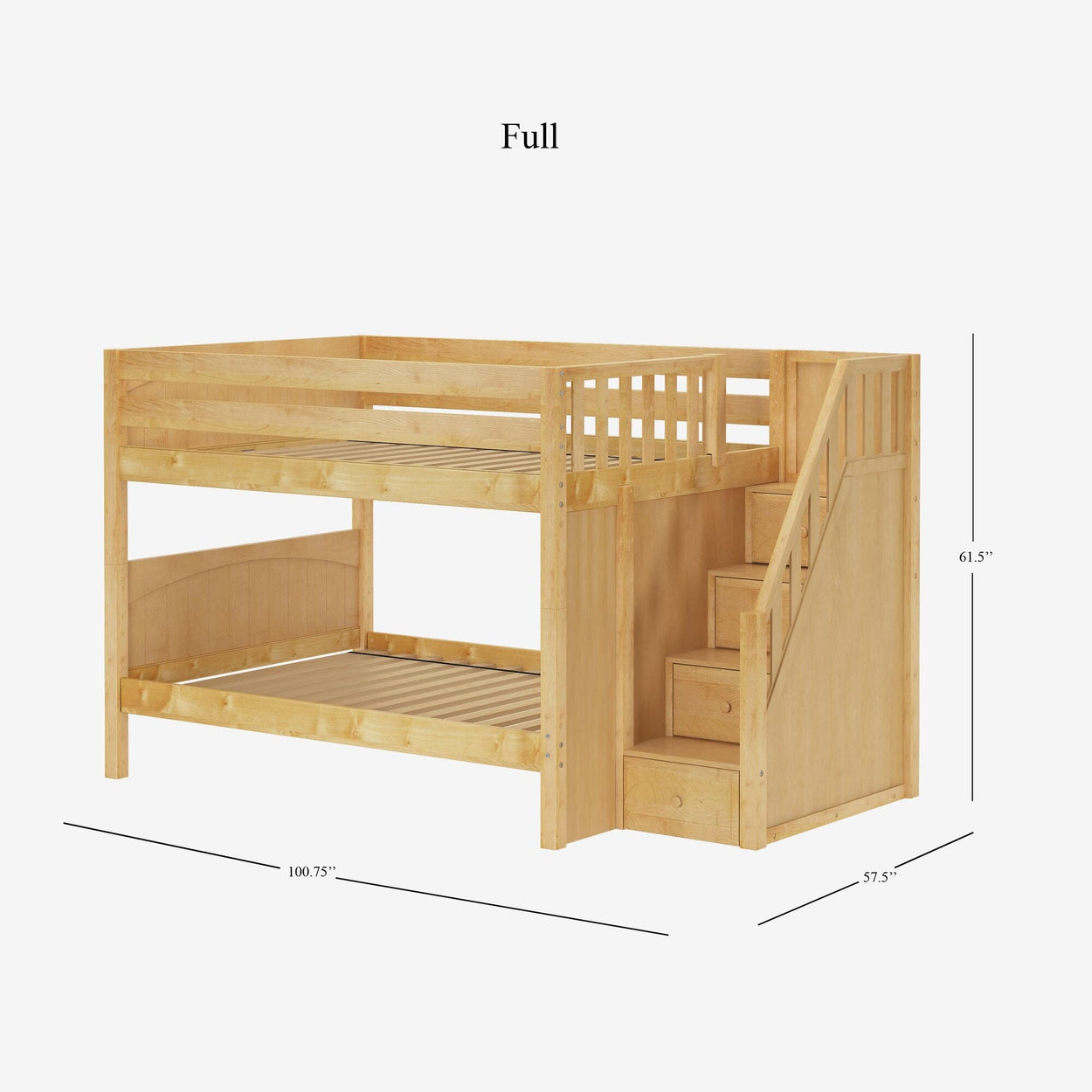 Full-size wooden bunk bed with staircase and railing, ideal for maximizing space in children's bedrooms.