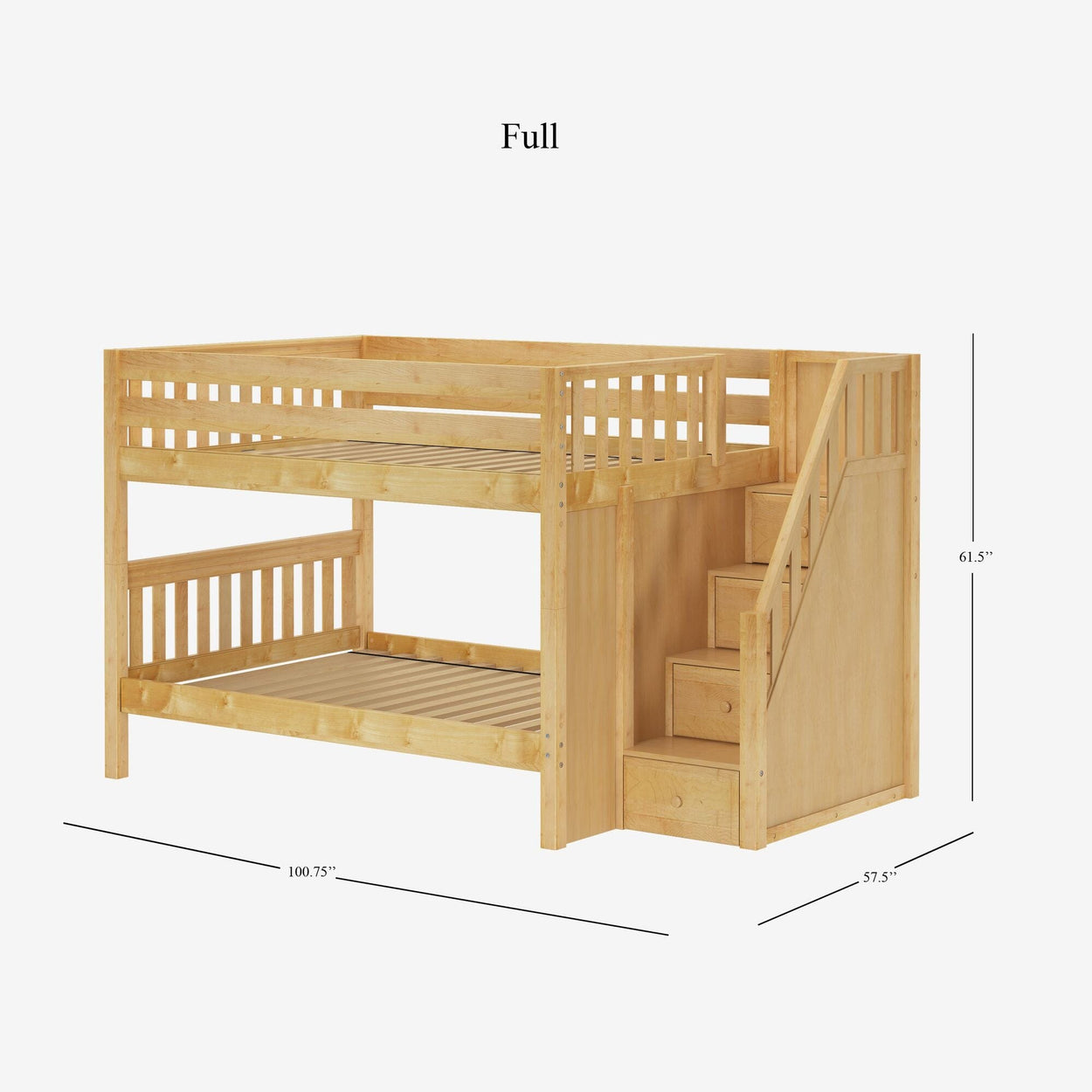 Wooden full-size bunk bed with staircase, dimensions 100.75x57.5x61.5 inches.