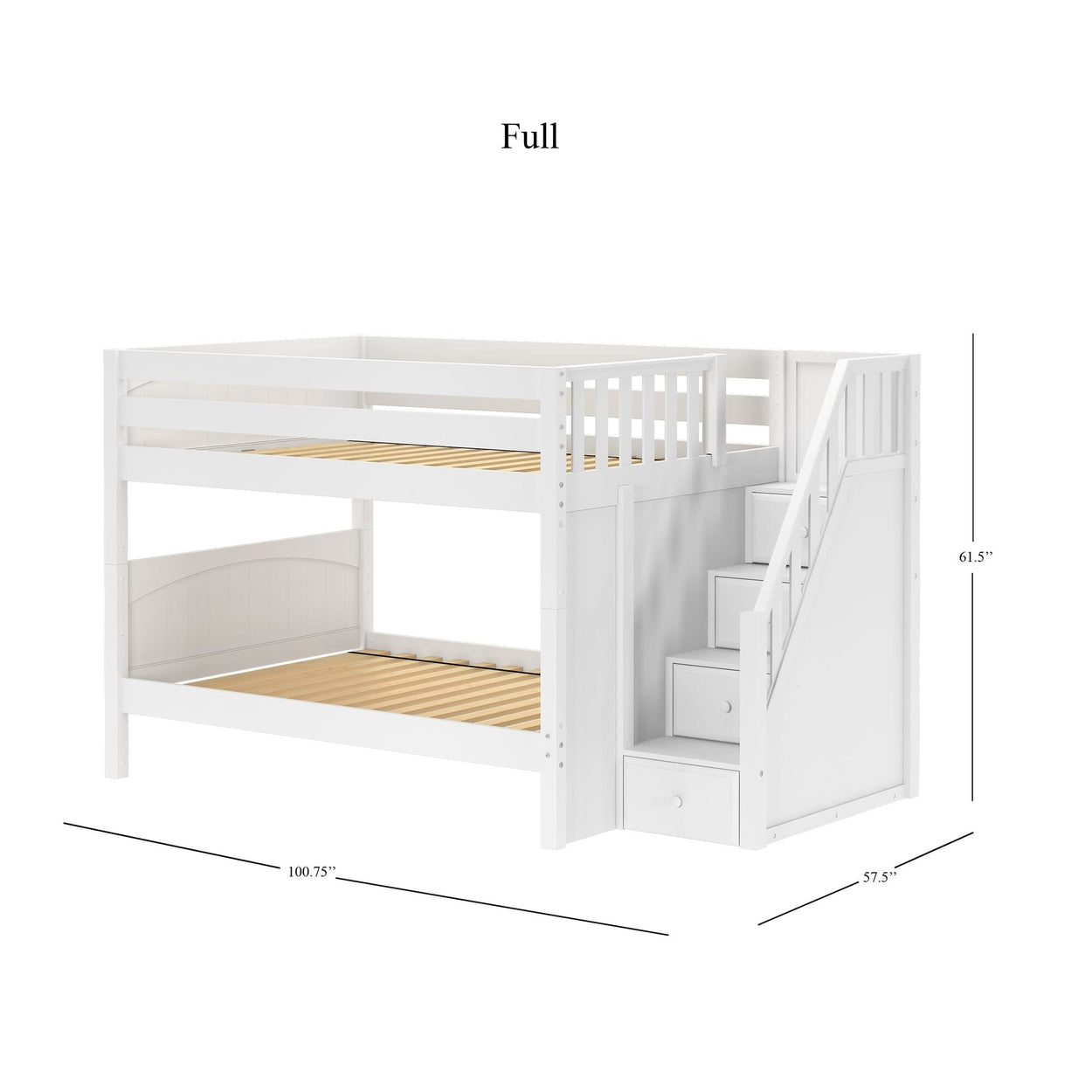 White wooden full-size bunk bed with staircase and storage drawers, dimensions 100.75" x 57.5" x 61.5".