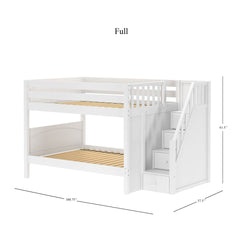 White wooden full-size bunk bed with staircase and storage drawers, dimensions 100.75" x 57.5" x 61.5".