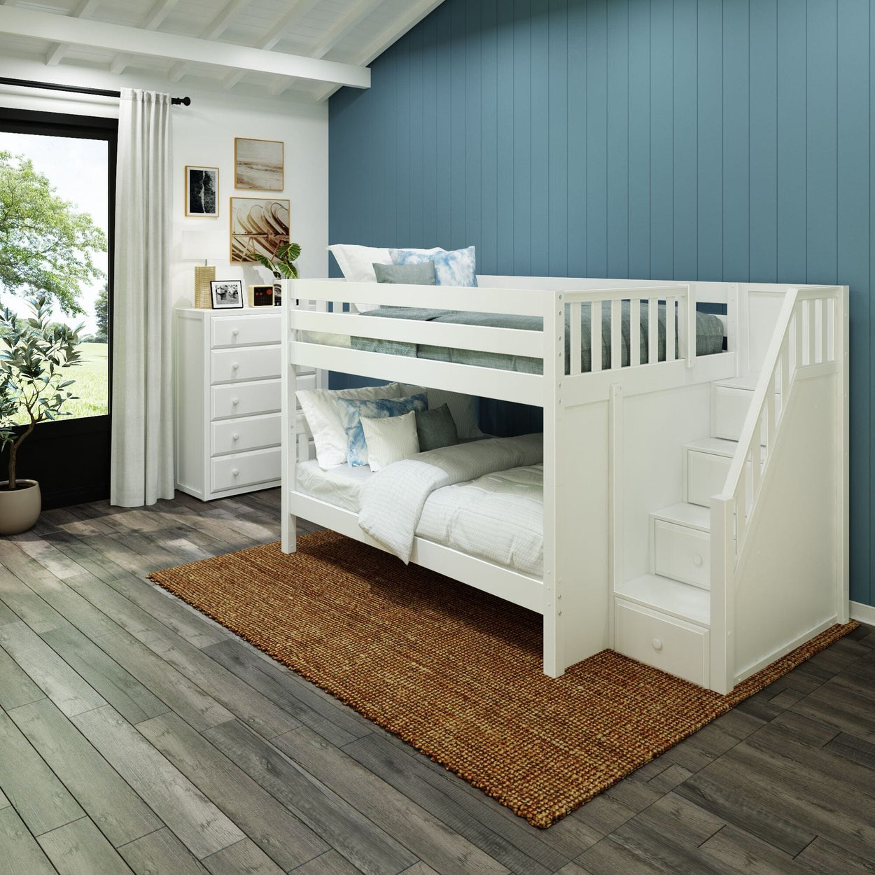 White bunk bed with built-in stairs in a modern bedroom featuring blue walls and wooden flooring.