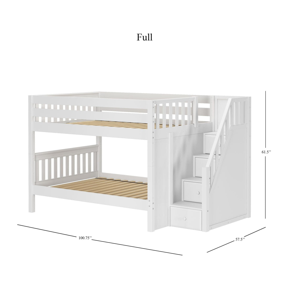 White full-size bunk bed with storage stairs and safety rails, dimensions 100.75 inches long, 61.5 inches high, and 57.5 inches wide.