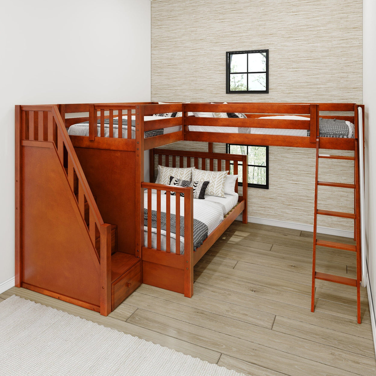 Wooden L-shaped loft bed with staircase and ladder in a modern bedroom setup.