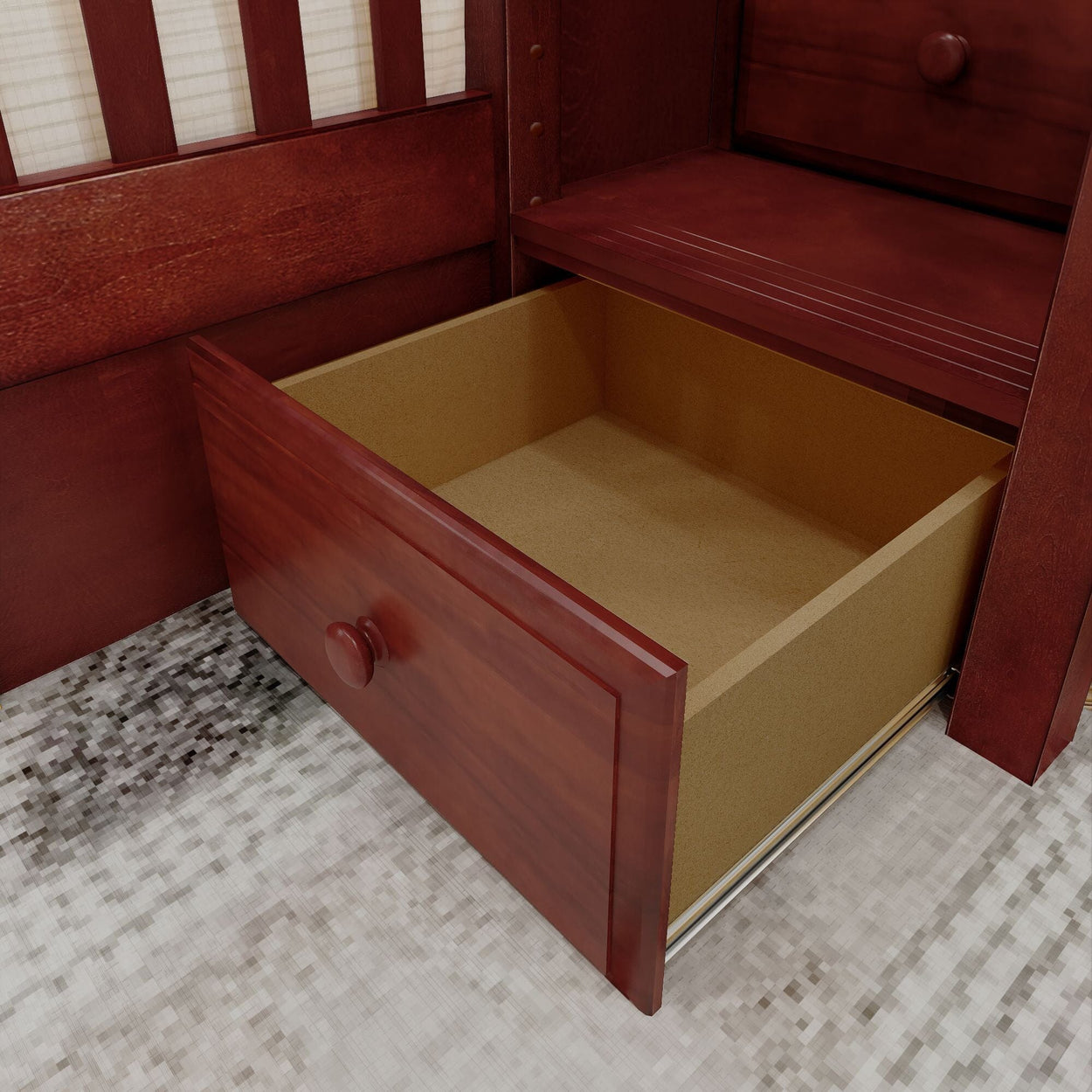 Open wooden drawer with smooth finish on a dresser, showcasing spacious interior for storage solutions.