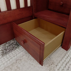 Open wooden drawer with smooth finish on a dresser, showcasing spacious interior for storage solutions.
