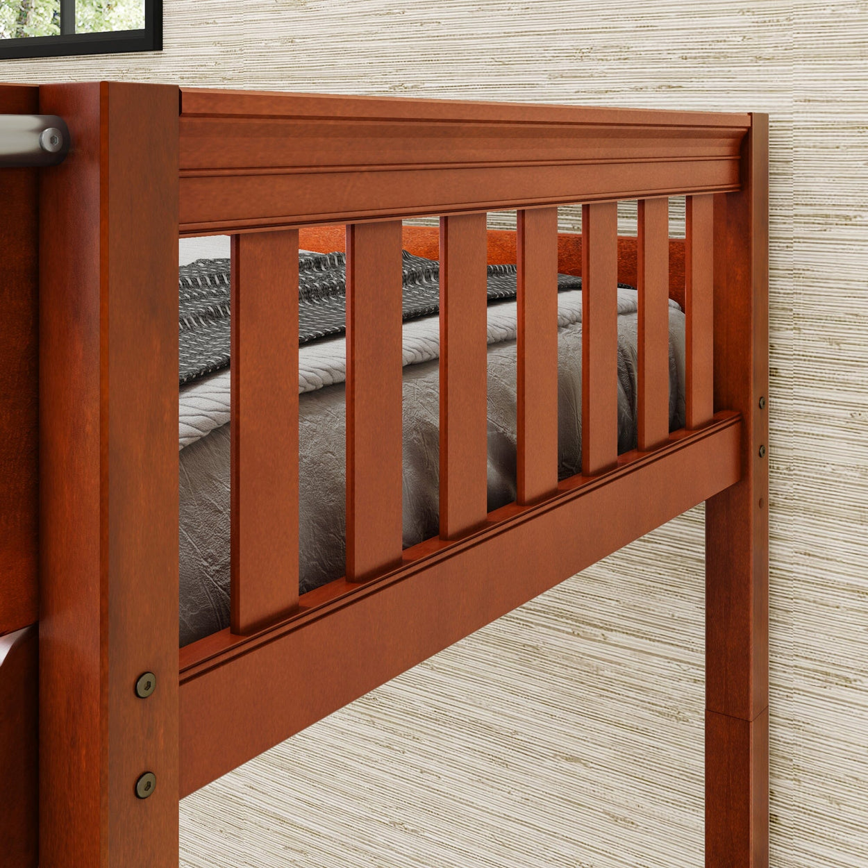 Wooden bunk bed frame in a modern bedroom with textured wallpaper.