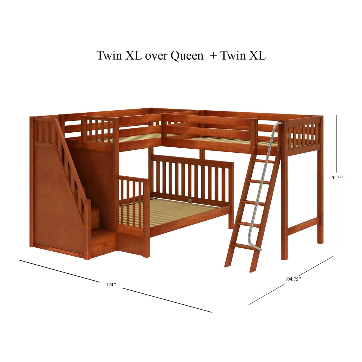 Wooden triple bunk bed with twin XL over queen and additional twin XL, featuring ladder and stairs for space-saving bedroom furniture.