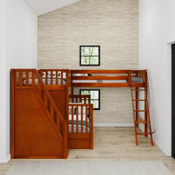 Wooden bunk bed with built-in staircase in modern bedroom interior.