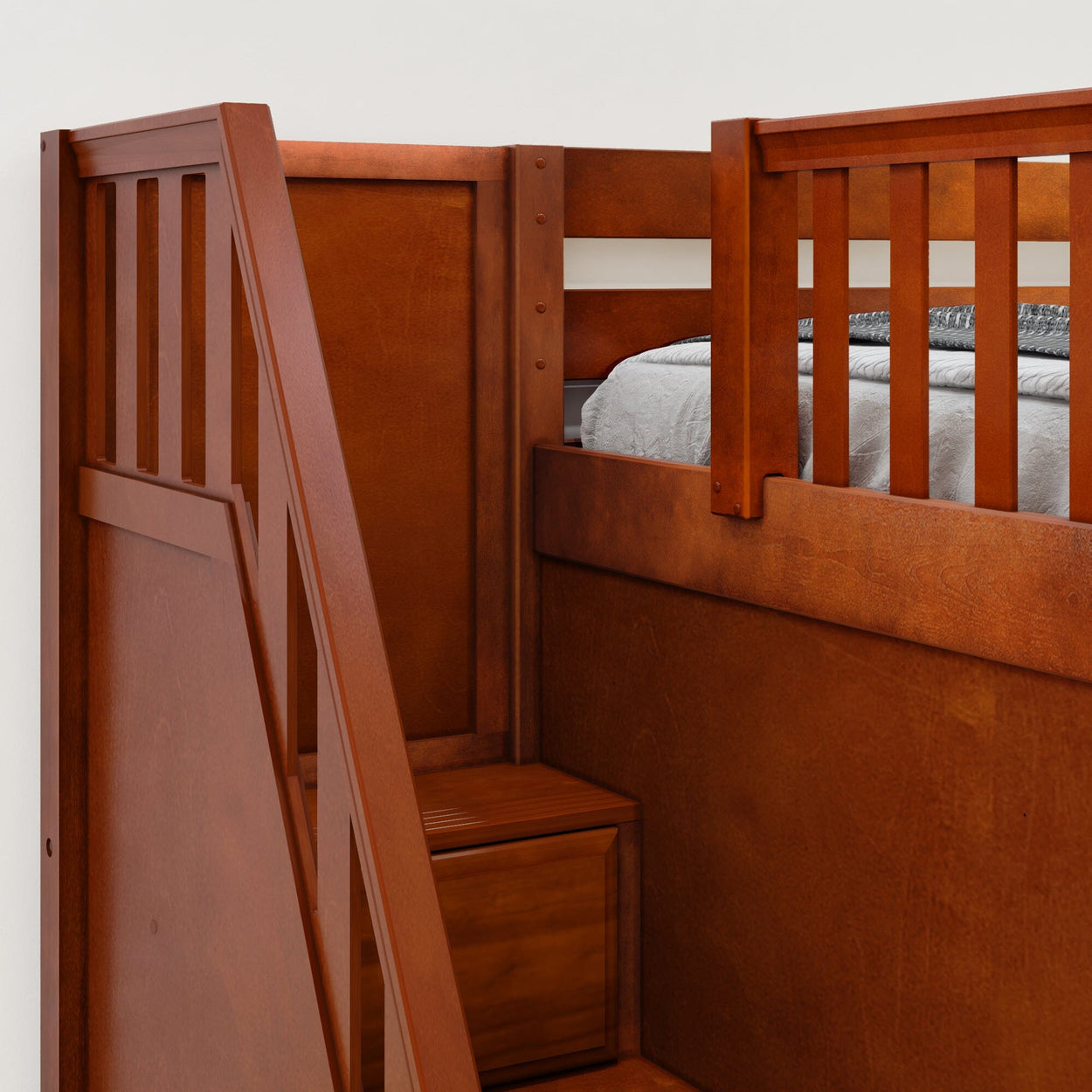 Wooden bunk bed with storage stairs featuring a warm brown finish.