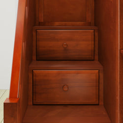 Wooden staircase with built-in storage drawers for space optimization.