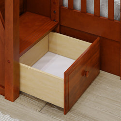 Open wooden drawer under bed for extra bedroom storage solutions.