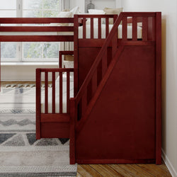 Red wooden bunk bed with a built-in ladder in a bright bedroom setting.