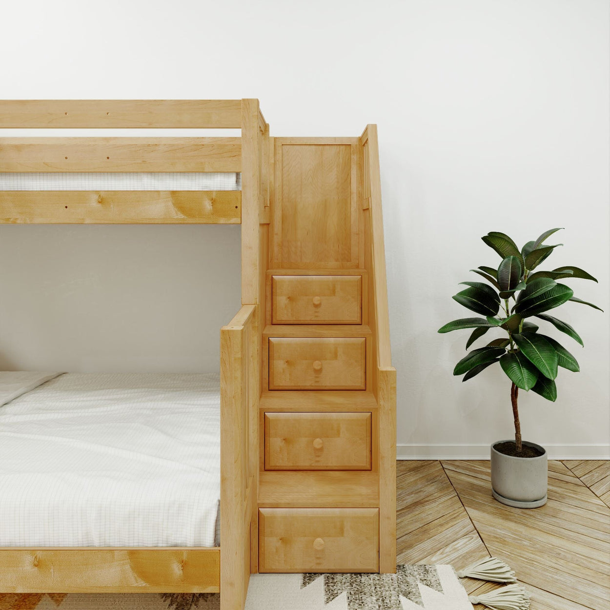 Wooden bunk bed with built-in staircase storage next to a green potted plant in a modern, minimalist bedroom.