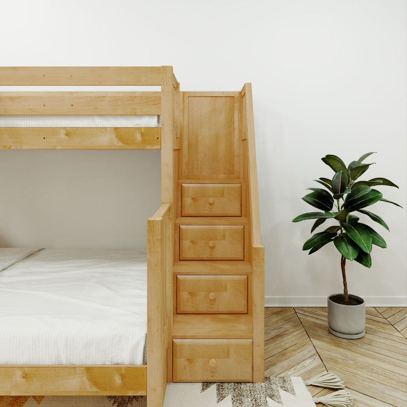 Natural wood bunk bed with built-in stair drawers and white bedding in a minimalist kids' bedroom with a potted plant