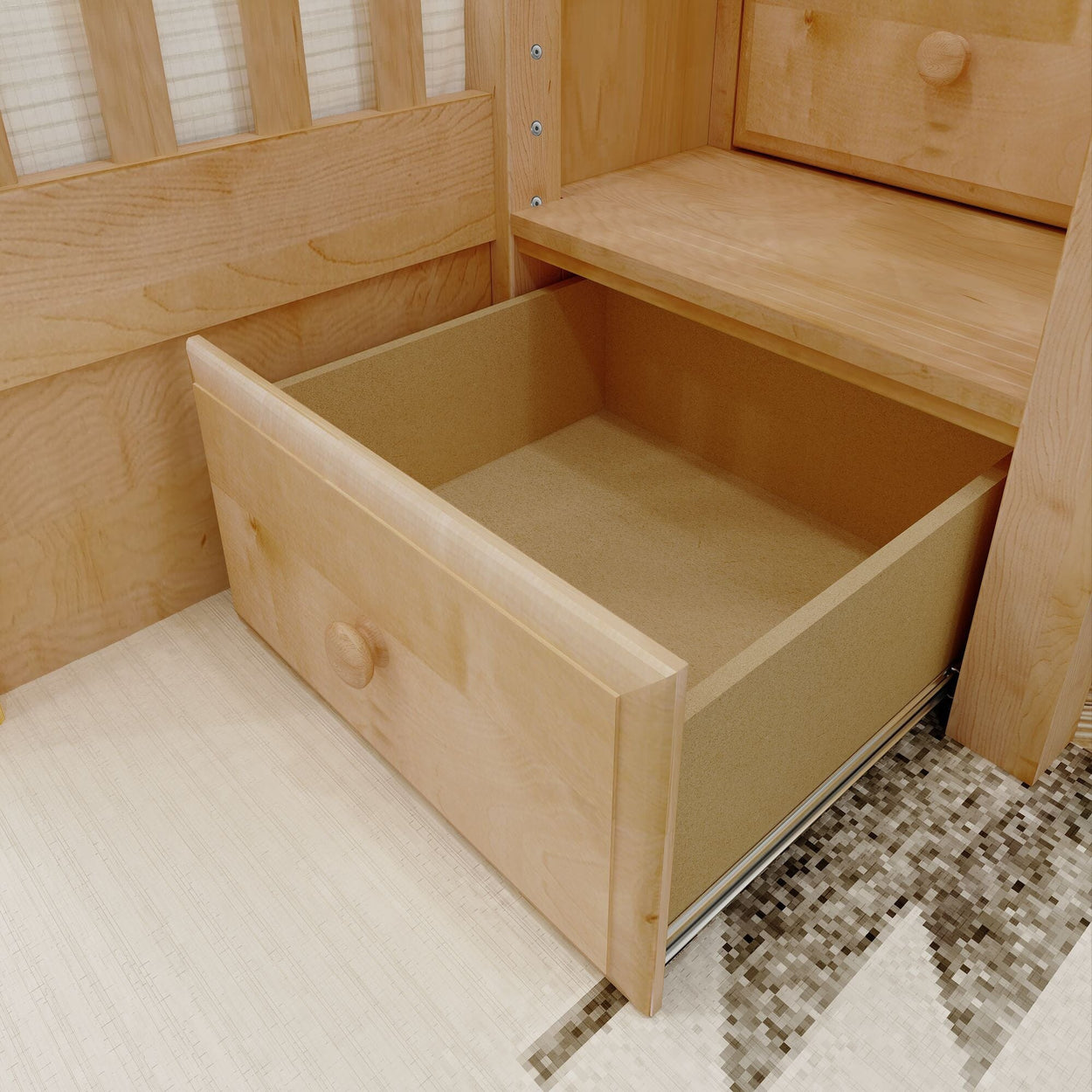 Wooden storage drawer under bed with an open compartment on a light-patterned floor.