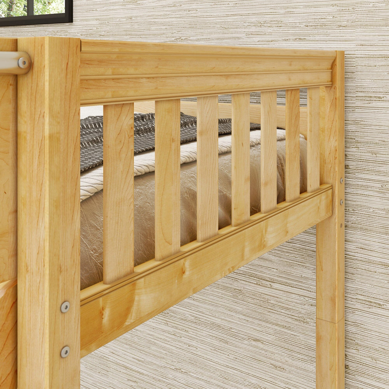 Wooden bunk bed with natural finish in a minimalist bedroom setting.
