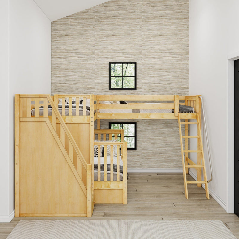 Natural wood bunk bed with ladder in a neutral kids bedroom featuring textured grasscloth wallpaper and black-framed windows