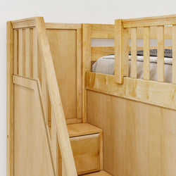 Wooden loft bed with storage stairs and natural finish.